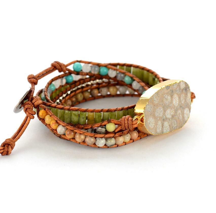 Bracelet multi-tours en pierre de corail fossile