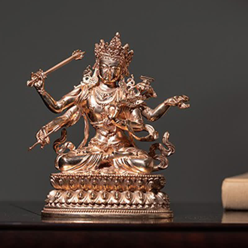 Statue de Bouddha Manjushri à quatre bras en cuivre 10 cm Méditation