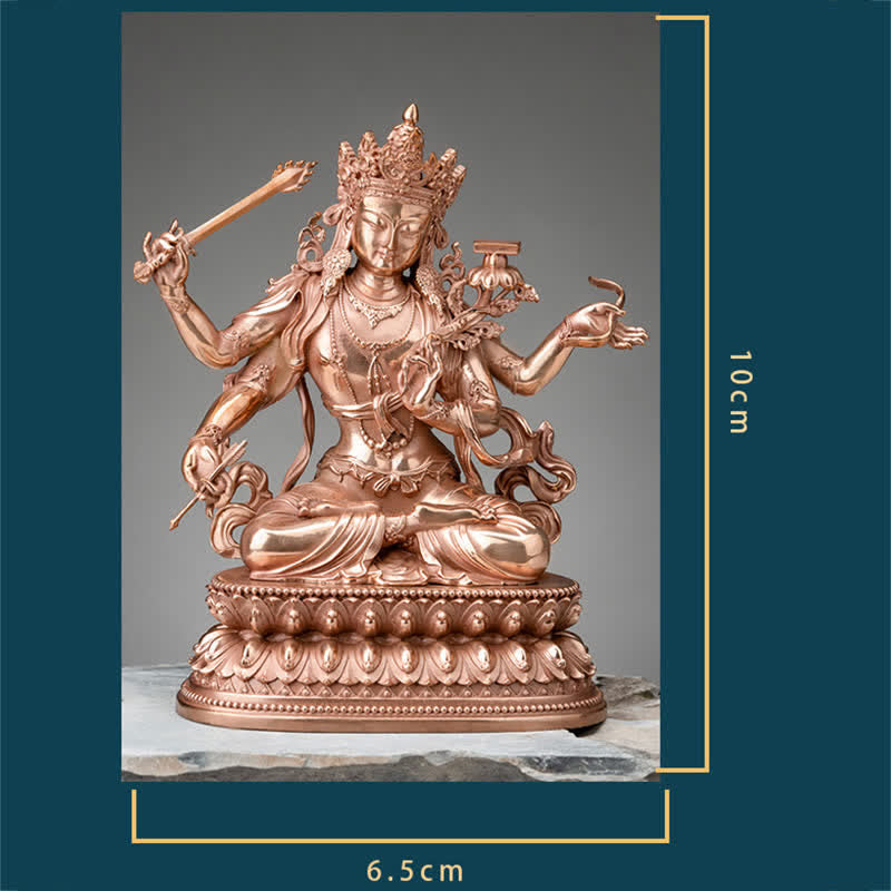 Statue de Bouddha Manjushri à quatre bras en cuivre 10 cm Méditation