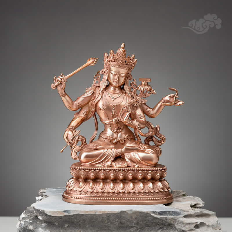 Statue de Bouddha Manjushri à quatre bras en cuivre 10 cm Méditation