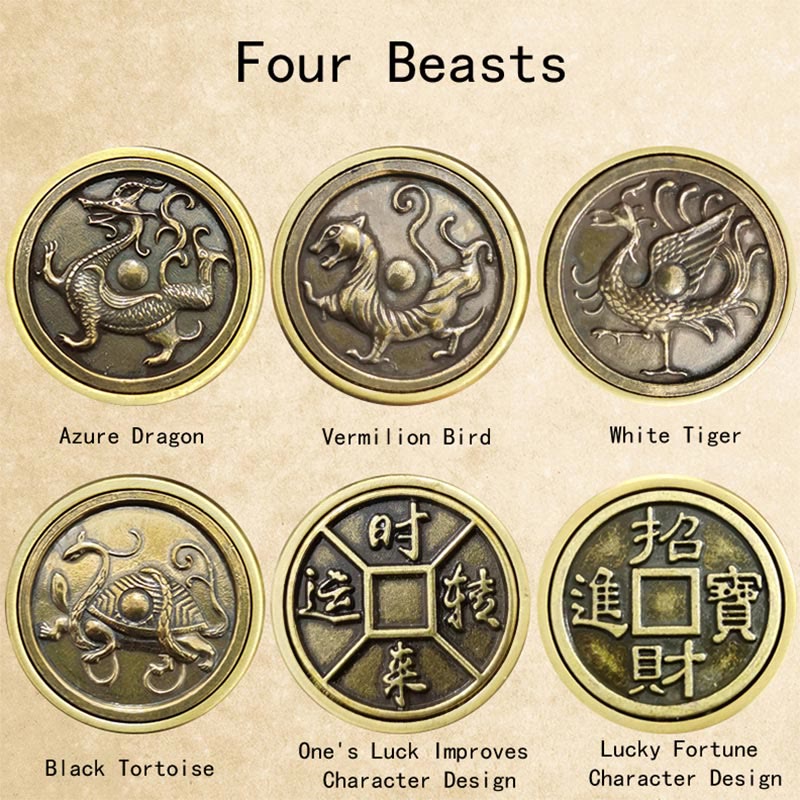 Décoration Feng Shui Yin Yang en laiton représentant les quatre bêtes