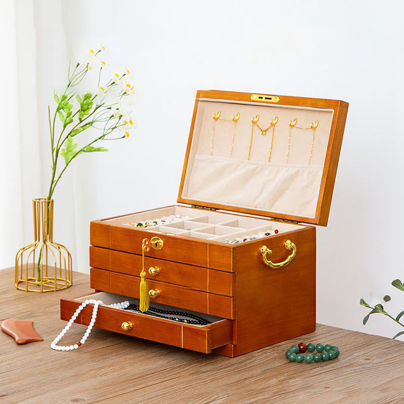 Coffret à bijoux en bois massif à quatre niveaux avec velours | Zen Decor