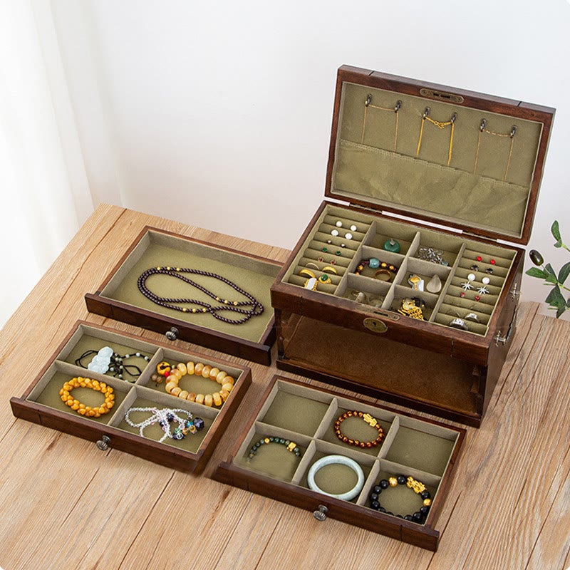 Coffret à bijoux en bois massif à quatre niveaux avec velours | Zen Decor