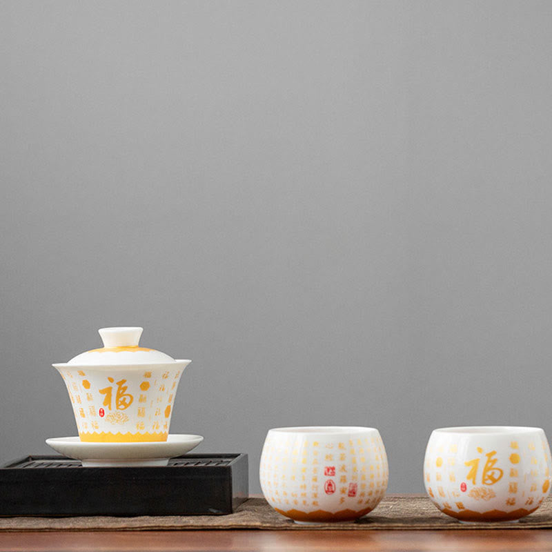 Service à thé de méditation Gaiwan en céramique à motif Fu 150 ml