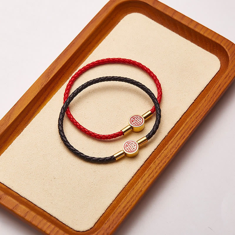 Bracelet en cuir à boucle avec personnage Fu pour la bonne fortune et la bénédiction