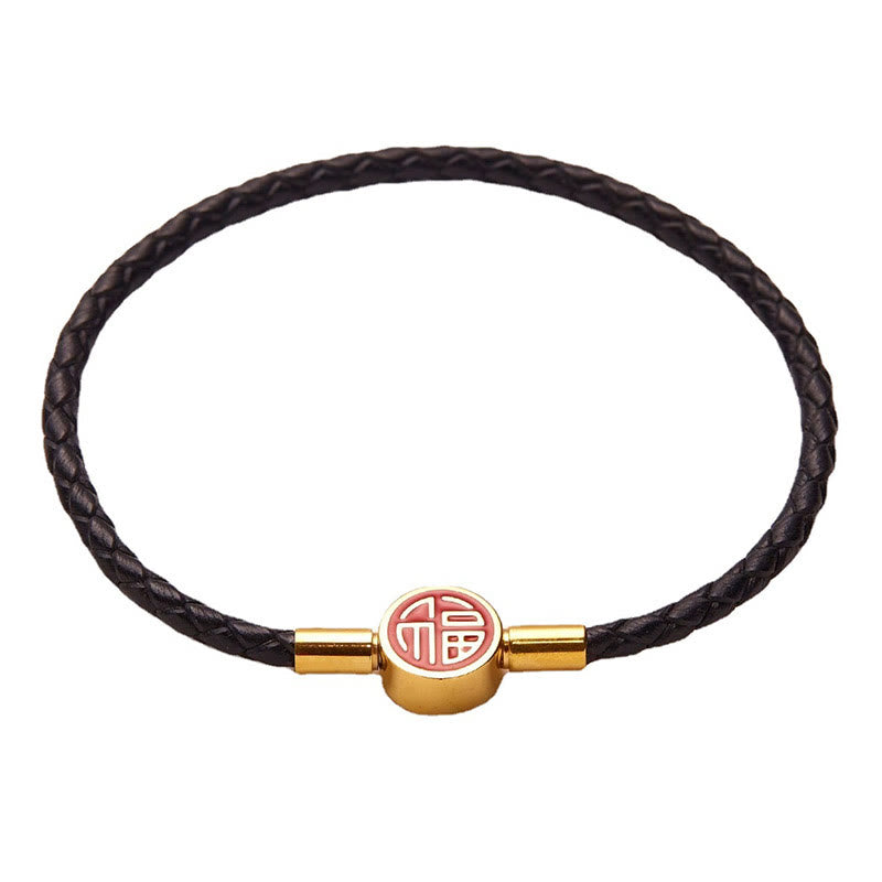 Bracelet en cuir à boucle avec personnage Fu pour la bonne fortune et la bénédiction