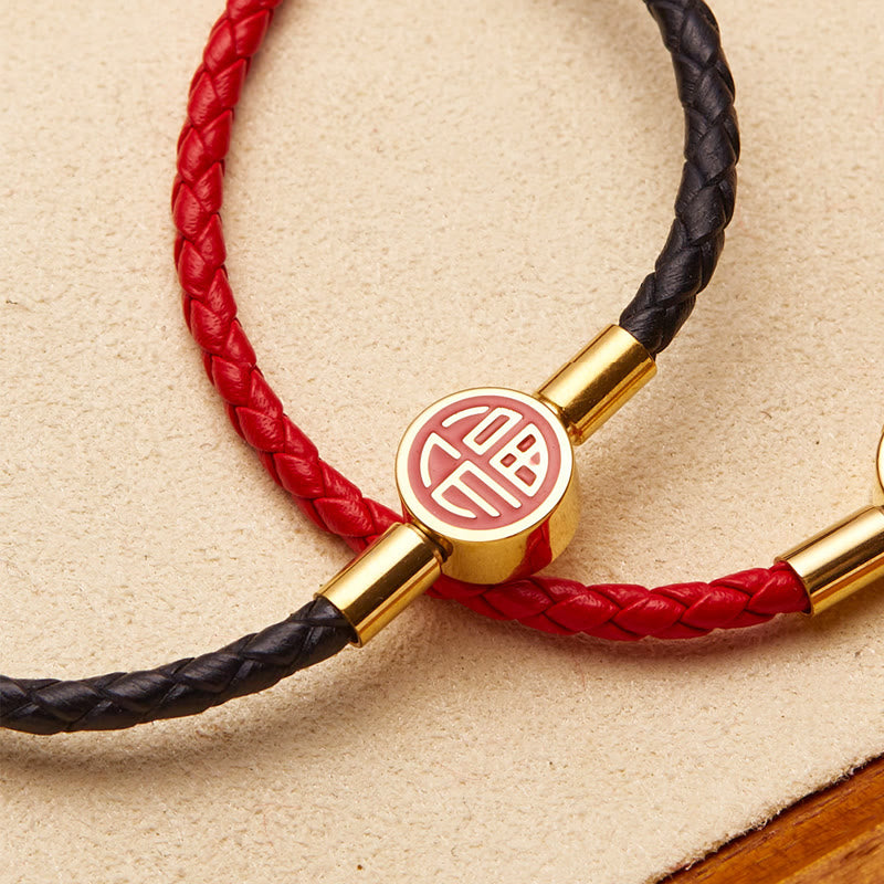 Bracelet en cuir à boucle avec personnage Fu pour la bonne fortune et la bénédiction