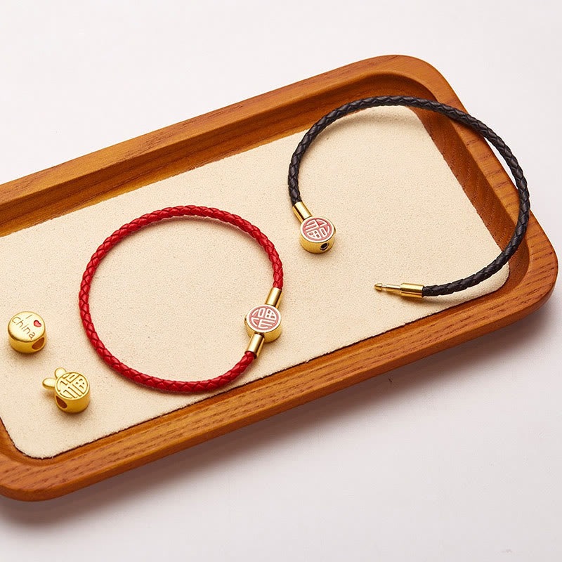 Bracelet en cuir à boucle avec personnage Fu pour la bonne fortune et la bénédiction