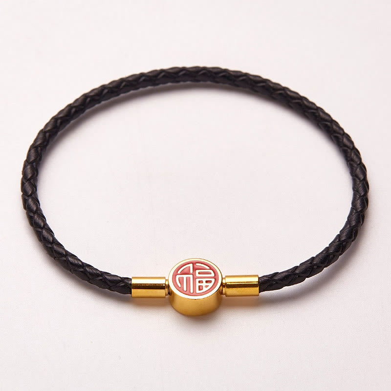 Bracelet en cuir à boucle avec personnage Fu pour la bonne fortune et la bénédiction