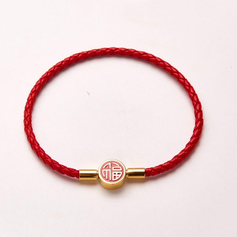 Bracelet en cuir à boucle avec personnage Fu pour la bonne fortune et la bénédiction