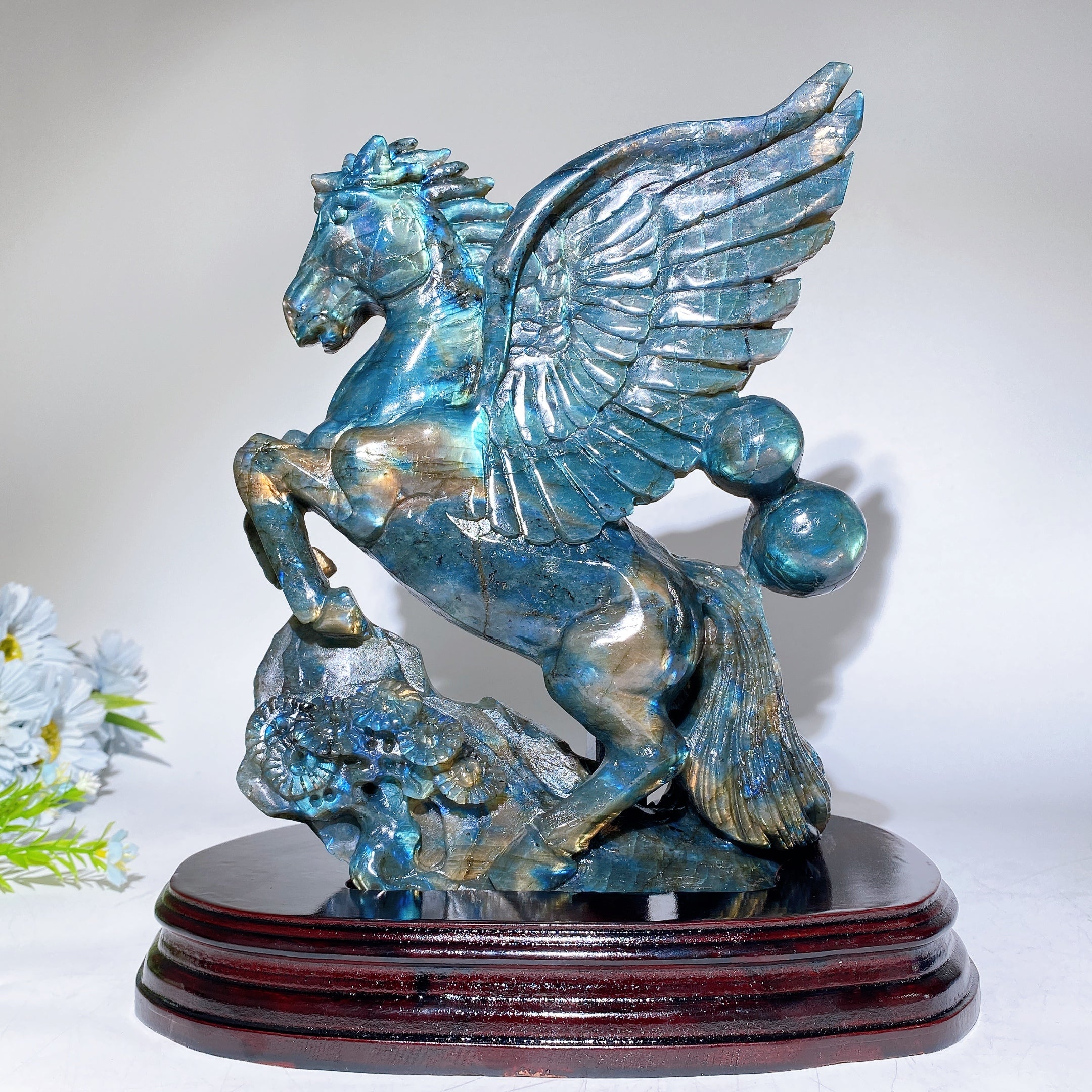 Full Flash Labradorite Crystal Unicorn Carving with Stand