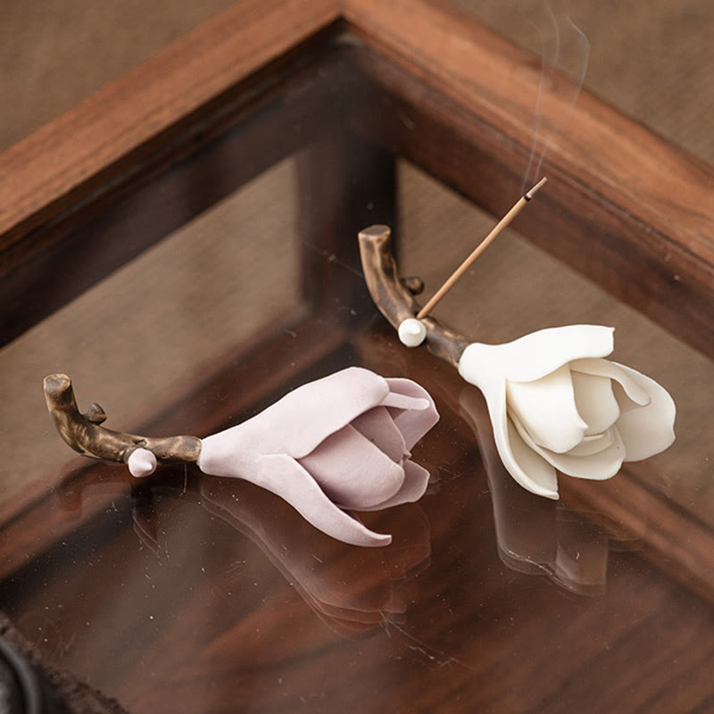 Brûle-encens en céramique Fleur de gardénia 8,5 cm pour la méditation