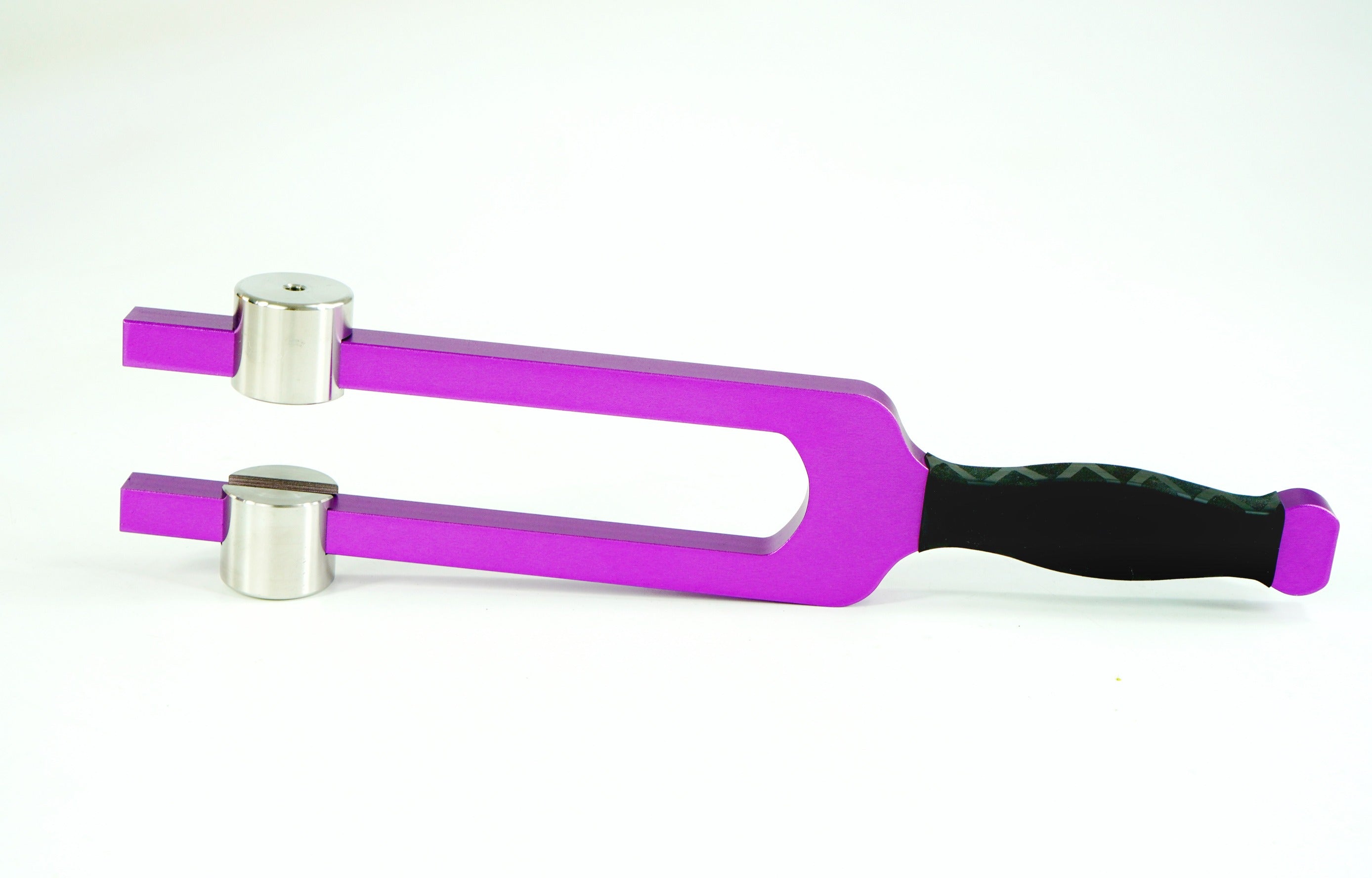Purple tuning fork with black rubber handle from Giant Tuning Forks, adjustable frequency