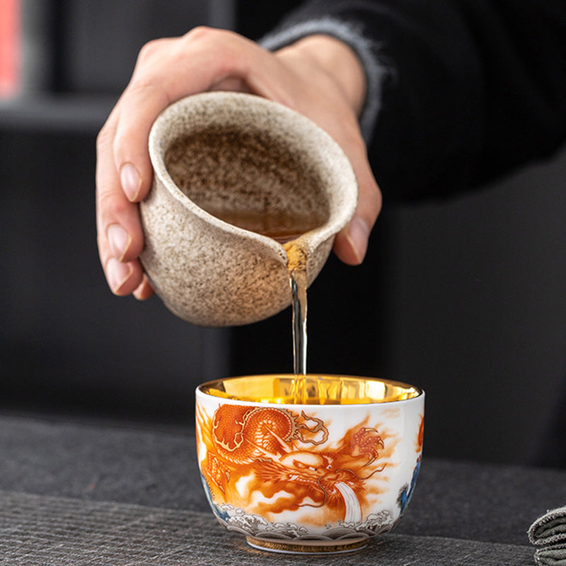 Tasse à thé en céramique dorée Dragon Phénix Grue 170 ml Spirituel