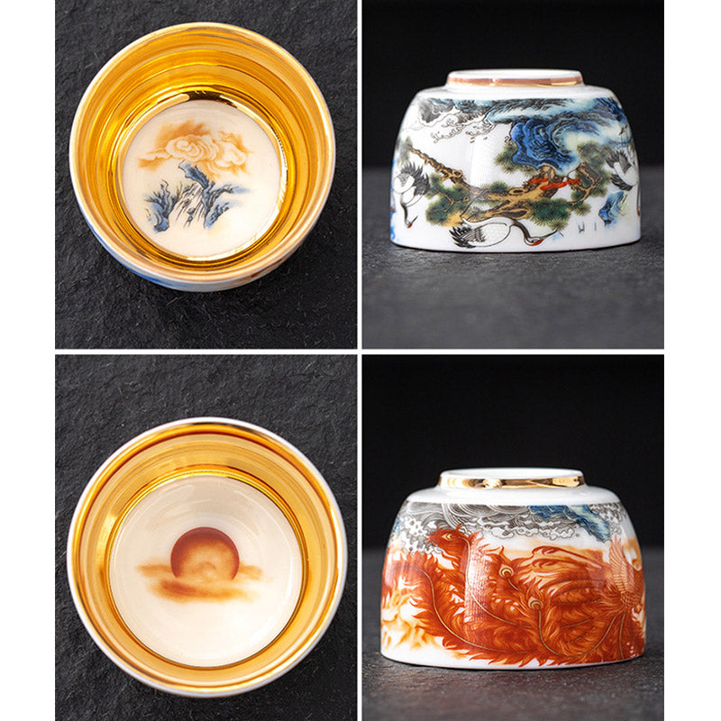 Tasse à thé en céramique dorée Dragon Phénix Grue 170 ml Spirituel