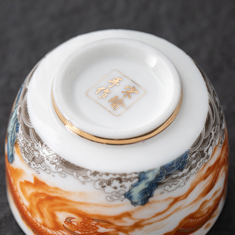 Tasse à thé en céramique dorée Dragon Phénix Grue 170 ml Spirituel