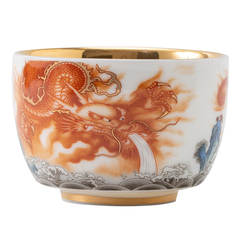 Tasse à thé en céramique dorée Dragon Phénix Grue 170 ml Spirituel
