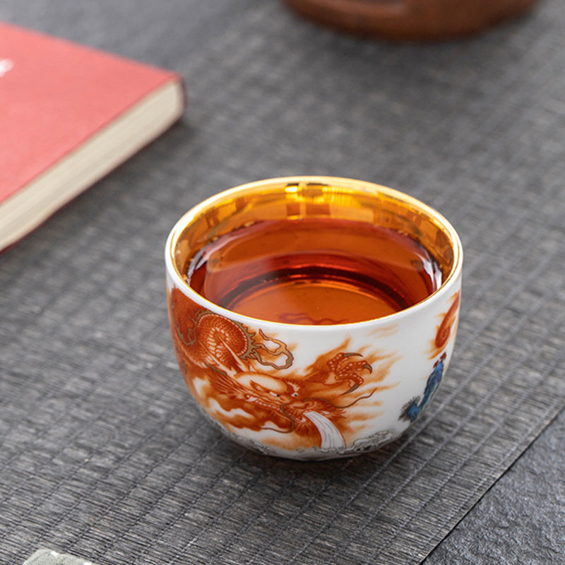 Tasse à thé en céramique dorée Dragon Phénix Grue 170 ml Spirituel