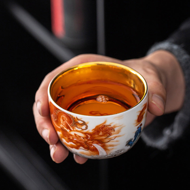 Tasse à thé en céramique dorée Dragon Phénix Grue 170 ml Spirituel