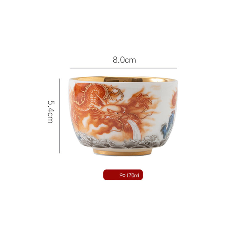 Tasse à thé en céramique dorée Dragon Phénix Grue 170 ml Spirituel