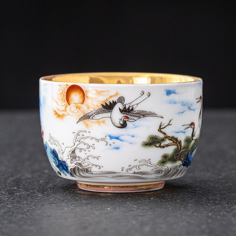 Tasse à thé en céramique dorée Dragon Phénix Grue 170 ml Spirituel