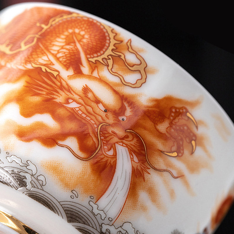 Tasse à thé en céramique dorée Dragon Phénix Grue 170 ml Spirituel