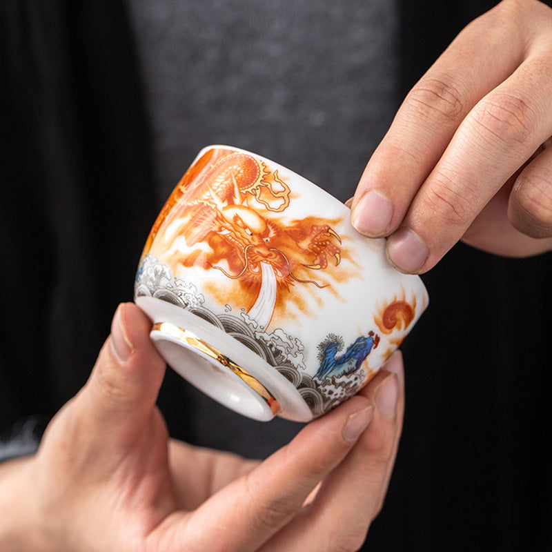 Tasse à thé en céramique dorée Dragon Phénix Grue 170 ml Spirituel