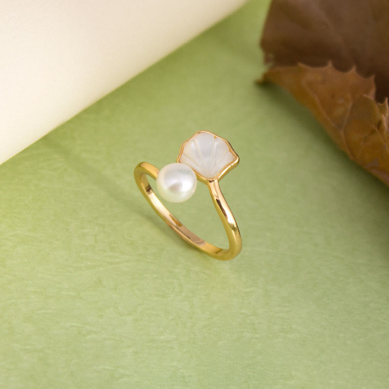 Parure de bijoux en perles de Ginkgo Tridacna avec bague en cuivre, boucles d'oreilles et collier