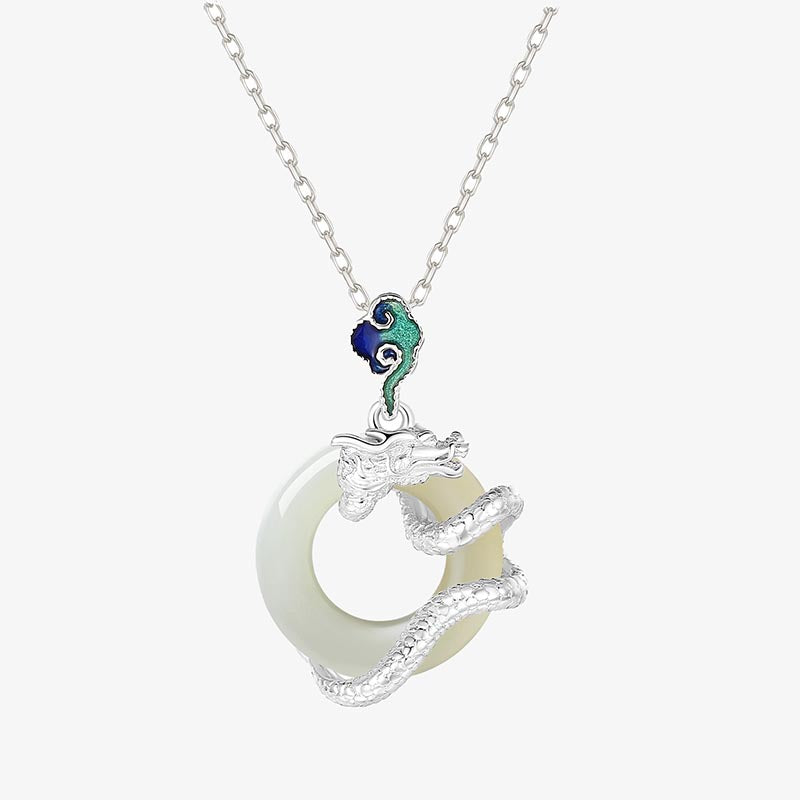 Pendentif en jade dragon doré avec boucle de paix en jade Hetian blanc