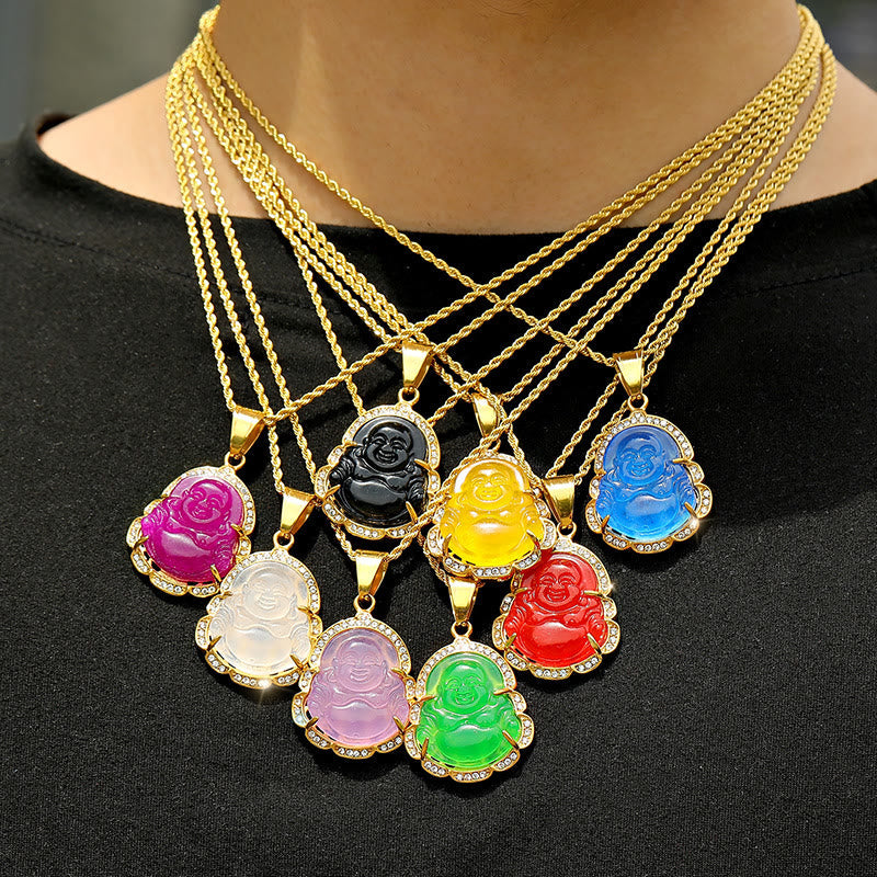 Collier pendentif Bouddha rieur en jade rempli d'or pour la chance