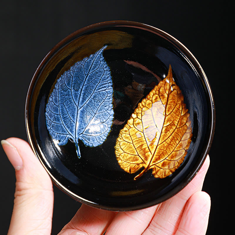Tasse à thé en céramique Jian Zhan Tenmoku à motif feuille d'érable dorée, 120 ml