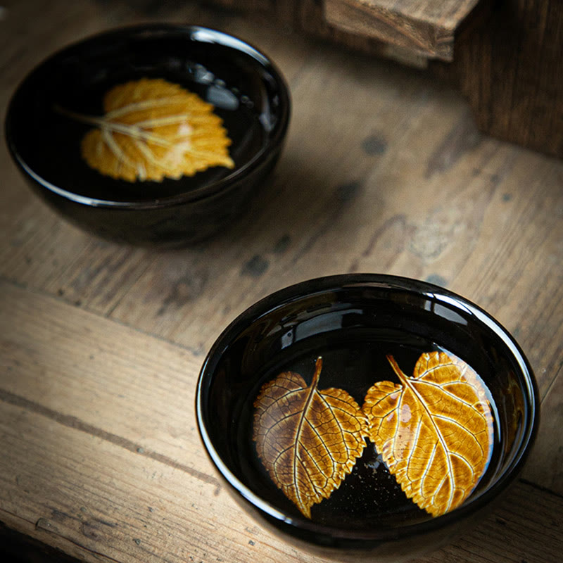 Tasse à thé en céramique Jian Zhan Tenmoku à motif feuille d'érable dorée, 120 ml