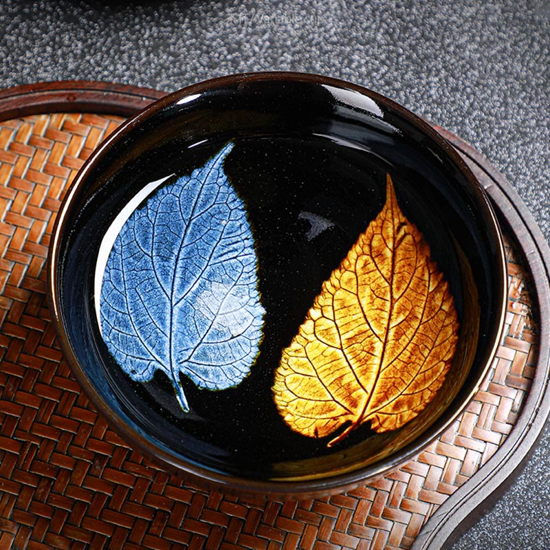 Tasse à thé en céramique Jian Zhan Tenmoku à motif feuille d'érable dorée, 120 ml