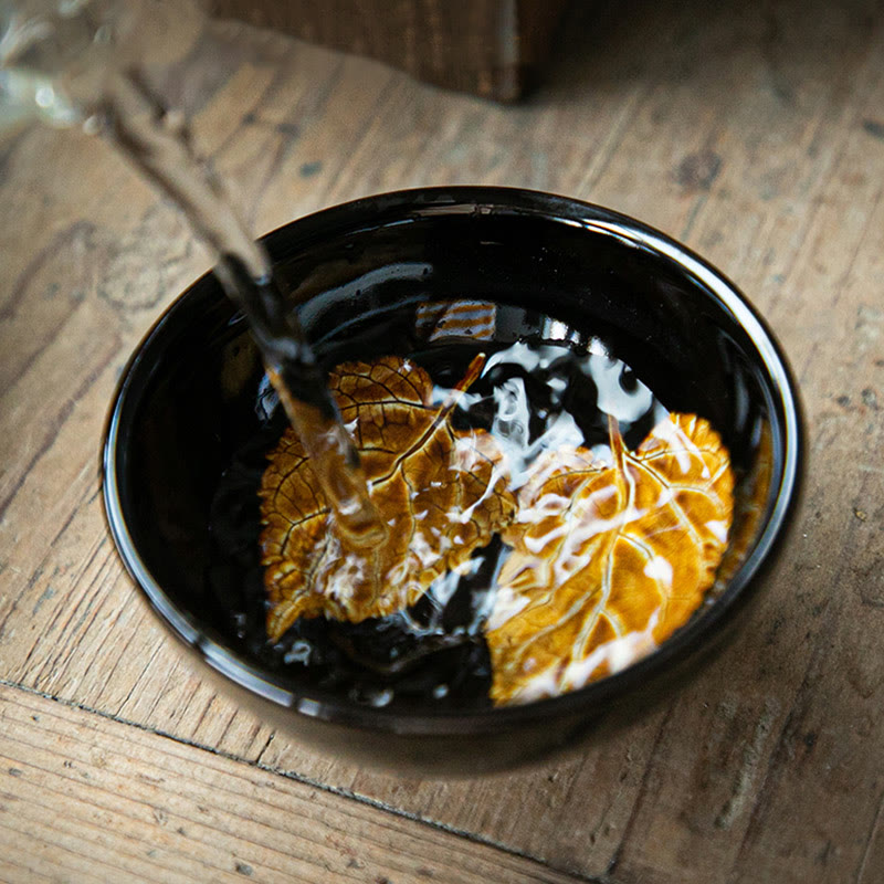 Tasse à thé en céramique Jian Zhan Tenmoku à motif feuille d'érable dorée, 120 ml