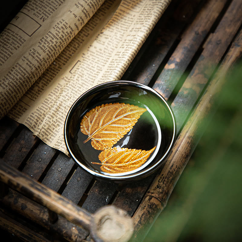 Tasse à thé en céramique Jian Zhan Tenmoku à motif feuille d'érable dorée, 120 ml