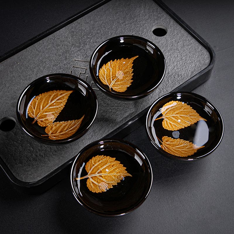 Tasse à thé en céramique Jian Zhan Tenmoku à motif feuille d'érable dorée, 120 ml