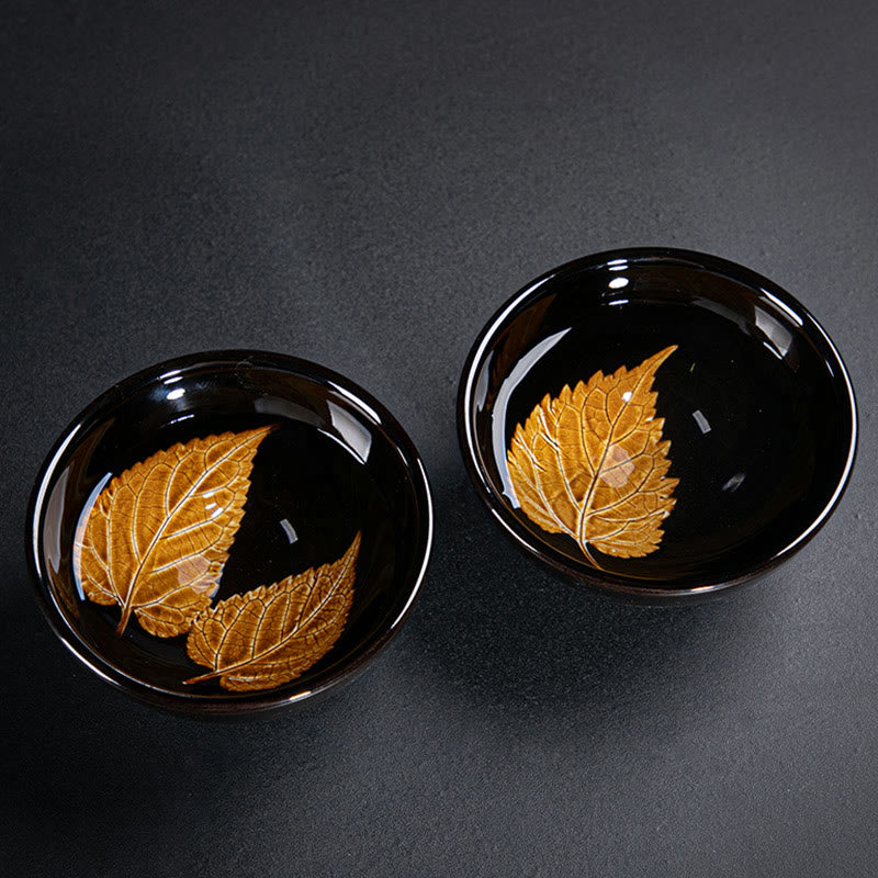 Tasse à thé en céramique Jian Zhan Tenmoku à motif feuille d'érable dorée, 120 ml