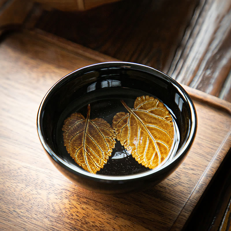 Tasse à thé en céramique Jian Zhan Tenmoku à motif feuille d'érable dorée, 120 ml