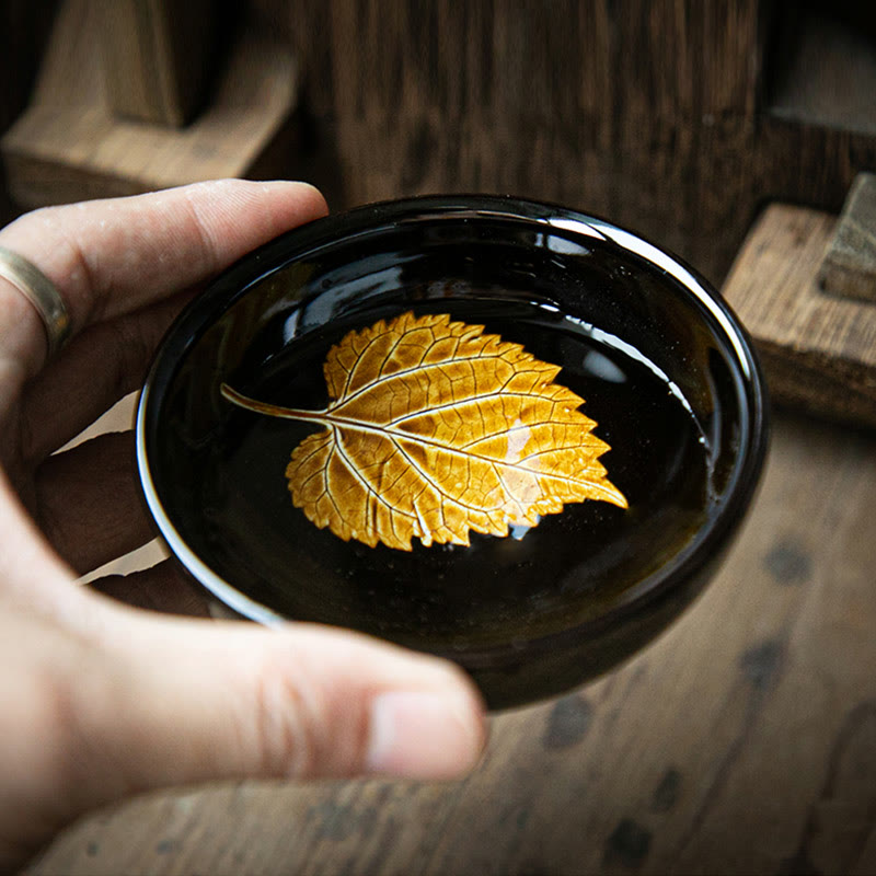 Tasse à thé en céramique Jian Zhan Tenmoku à motif feuille d'érable dorée, 120 ml