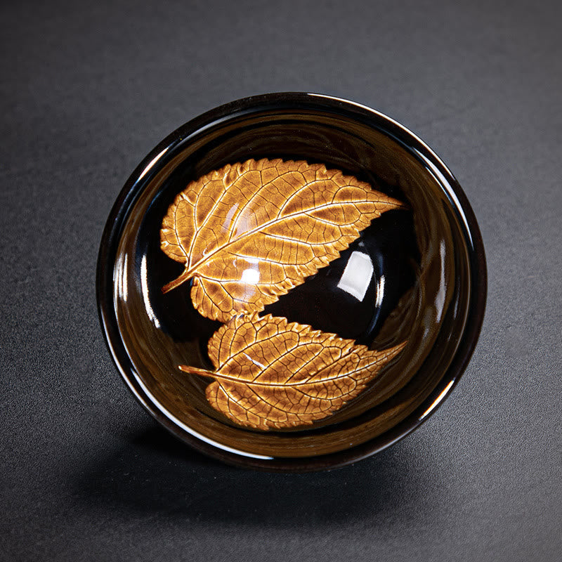 Tasse à thé en céramique Jian Zhan Tenmoku à motif feuille d'érable dorée, 120 ml