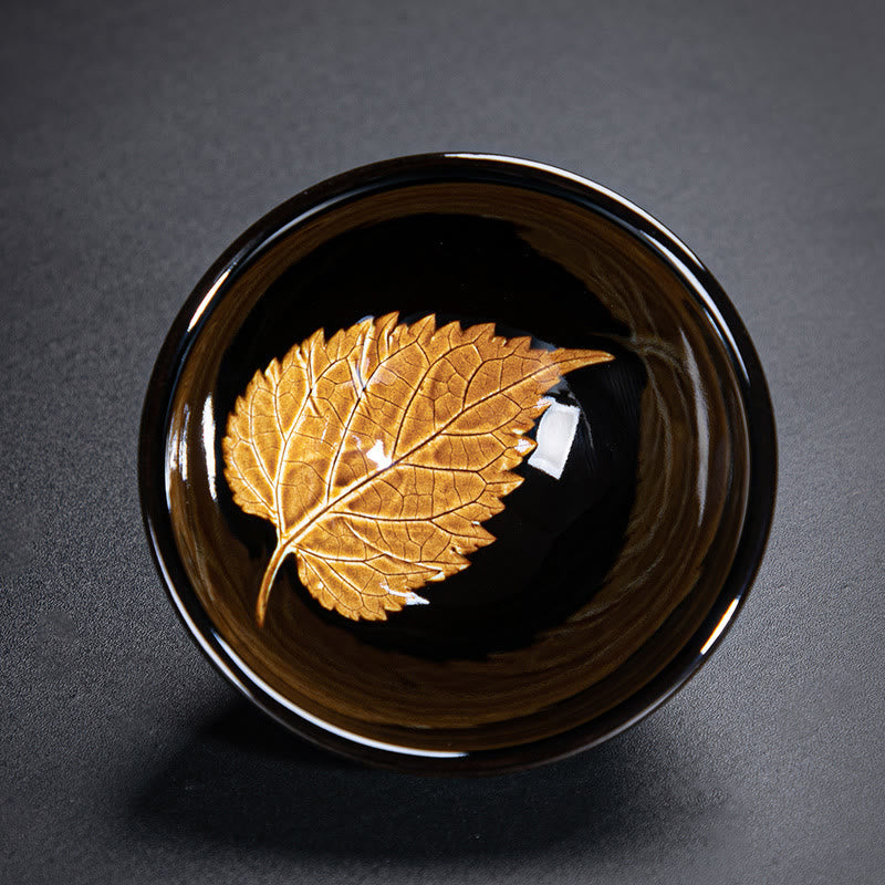 Tasse à thé en céramique Jian Zhan Tenmoku à motif feuille d'érable dorée, 120 ml