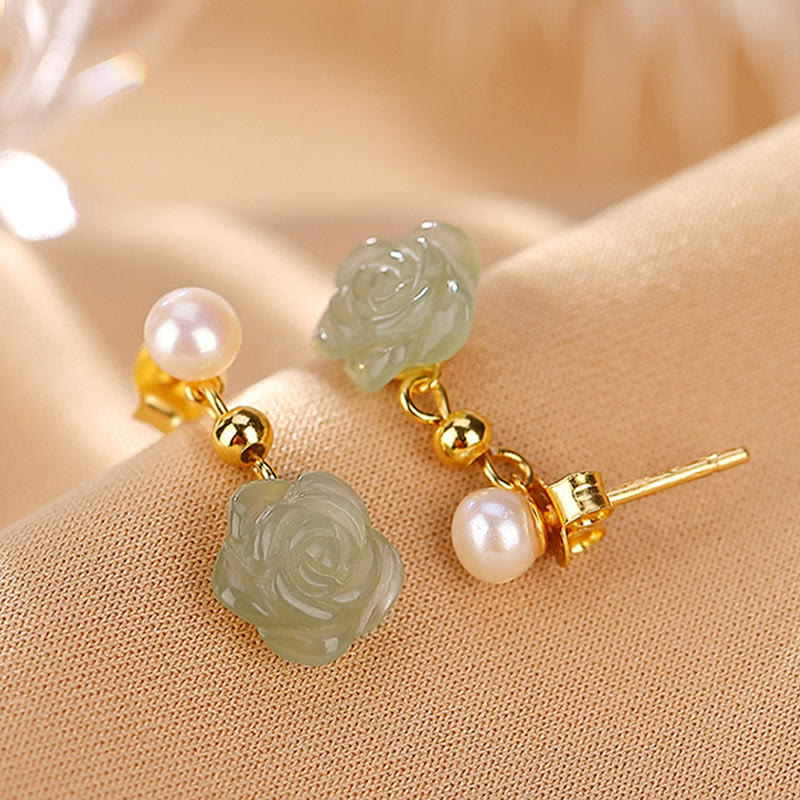 Boucles d'oreilles porte-bonheur en argent 925 plaqué or et jade rose
