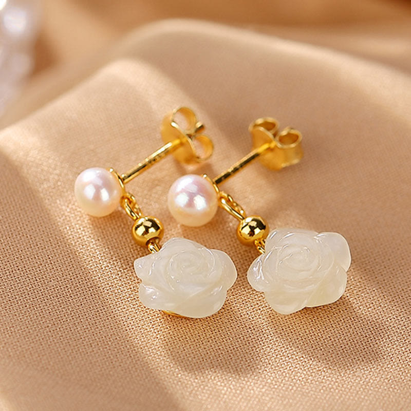 Boucles d'oreilles porte-bonheur en argent 925 plaqué or et jade rose