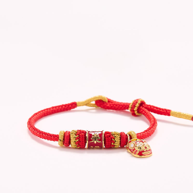 Bracelet Shi Lai Yun Zhuan en cuivre plaqué or et fil rouge 14-18 cm