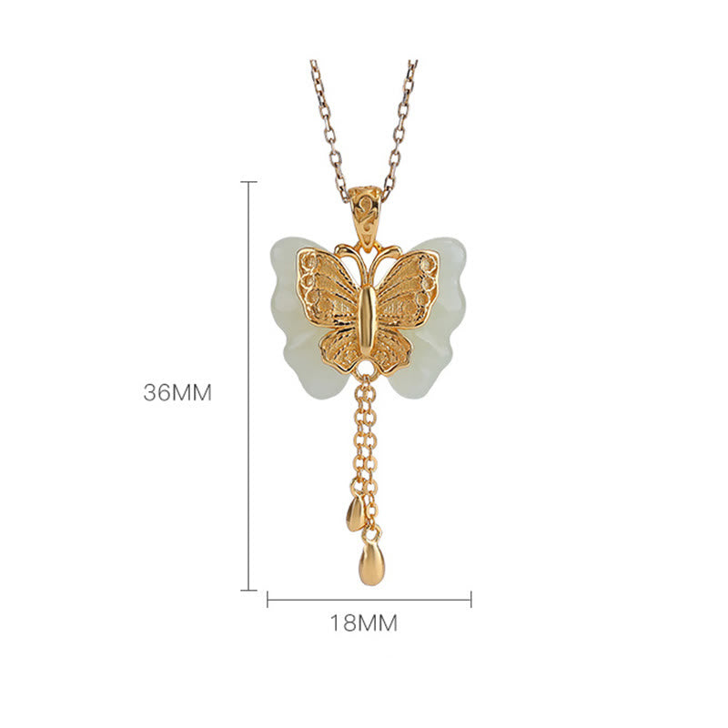 Collier avec pendentif papillon en jade blanc Hetian plaqué or et bénédiction