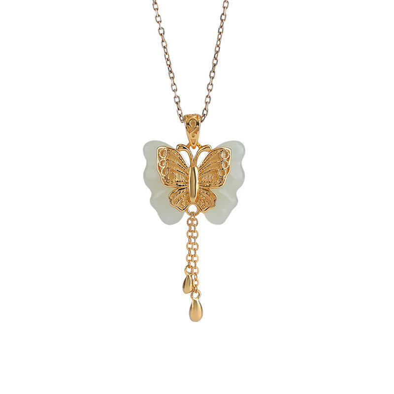 Collier avec pendentif papillon en jade blanc Hetian plaqué or et bénédiction