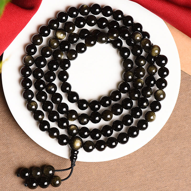 Bracelet Mala Richesse 108 Perles en Obsidienne Dorée