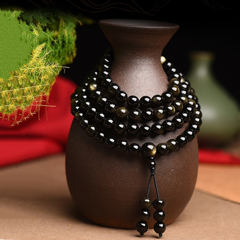 Bracelet Mala Richesse 108 Perles en Obsidienne Dorée