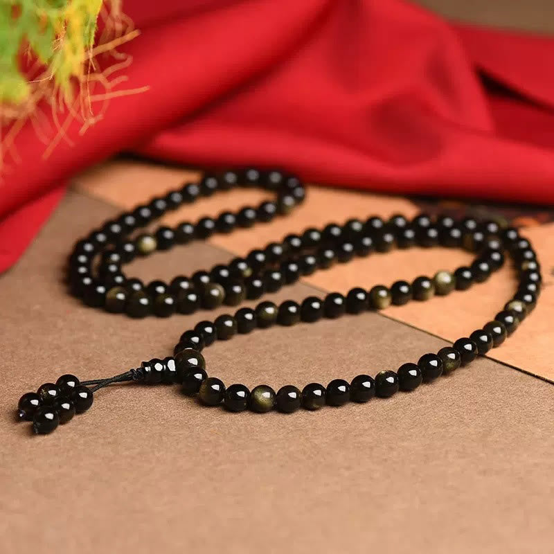 Bracelet Mala Richesse 108 Perles en Obsidienne Dorée