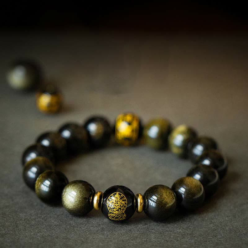 Bracelet de protection du zodiaque chinois en obsidienne dorée brillante 12 mm